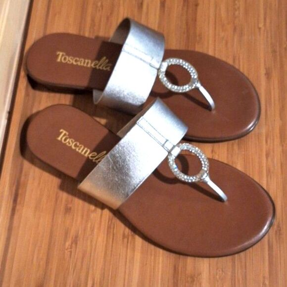 Toscanella Italy Silver Metallic Leather Sandals Rhinestone Ring Thong Size 8 - Picture 7 of 7